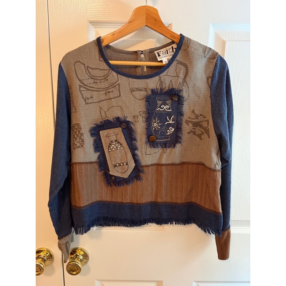 Faith by Celia Forrester Womens XS Mixed Media Patchwork Fringed Rayon Top Blue